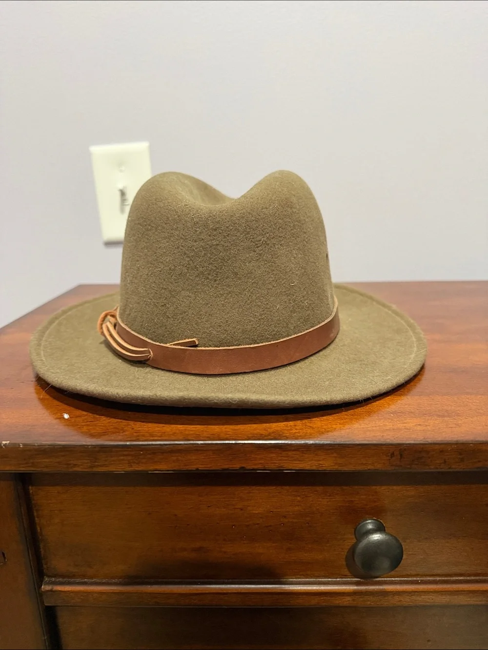 Vintage Olive Wool Felt Fedora with Brown Leather Band
